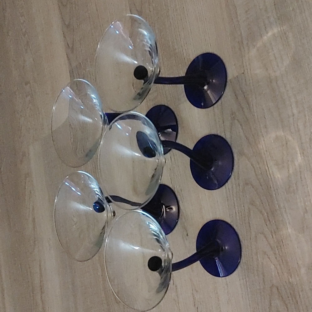 Retro Lot of 5 Libbey Martini Glasses Cobalt Blue Curved Stem Barware Vtg